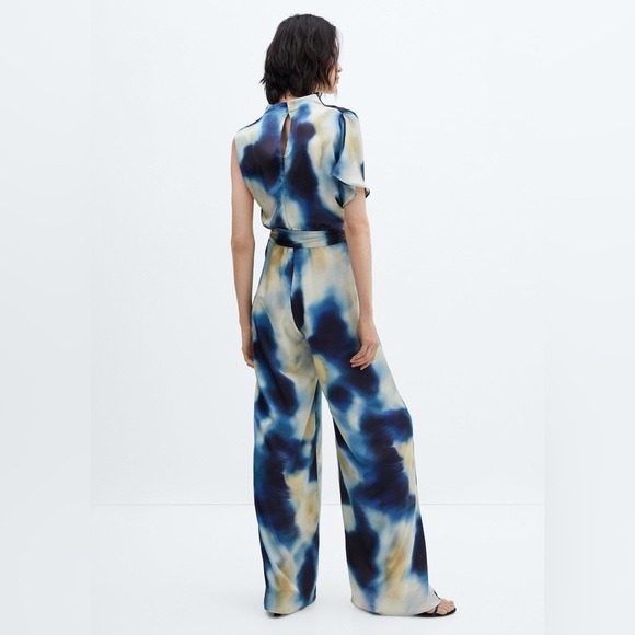 Mango MNG Satin Jumpsuit Draped Neck Wide Leg Belted Blue Print Small - Picture 2 of 9
